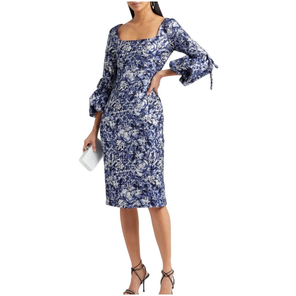 NWT Theia Metallic Brocade Dress in Navy blue size 6 square neck cocktail S M